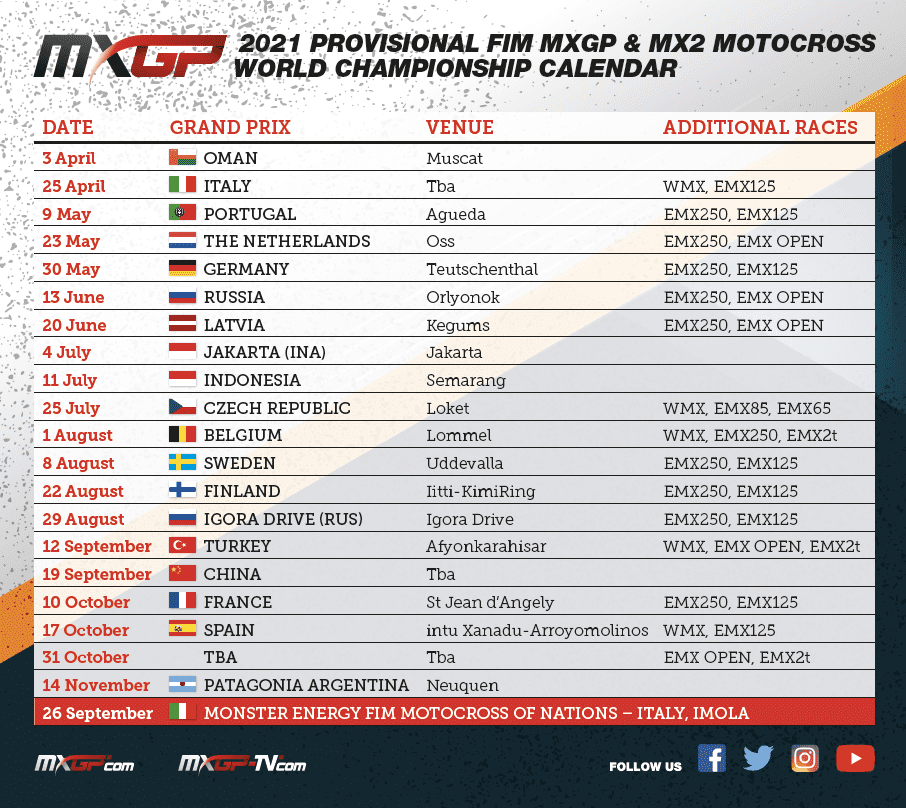 Calend&aacute;rio provis&oacute;rio da temporada 2021 do Mundial de Motocross