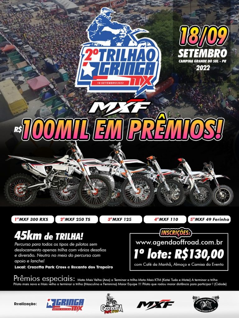 Com mais de R$100 mil em prêmios, 2ª edição do Trilhão Gringa MX acontece no dia 18/09 em Campina Grande do Sul/PR