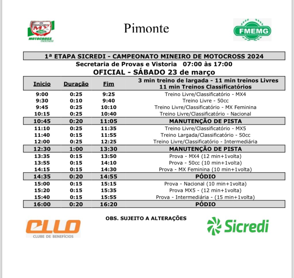 Informa&ccedil;&otilde;es da abertura do Mineiro de MX 2024 no Parque Hotel Pimonte dias 23 e 24/03