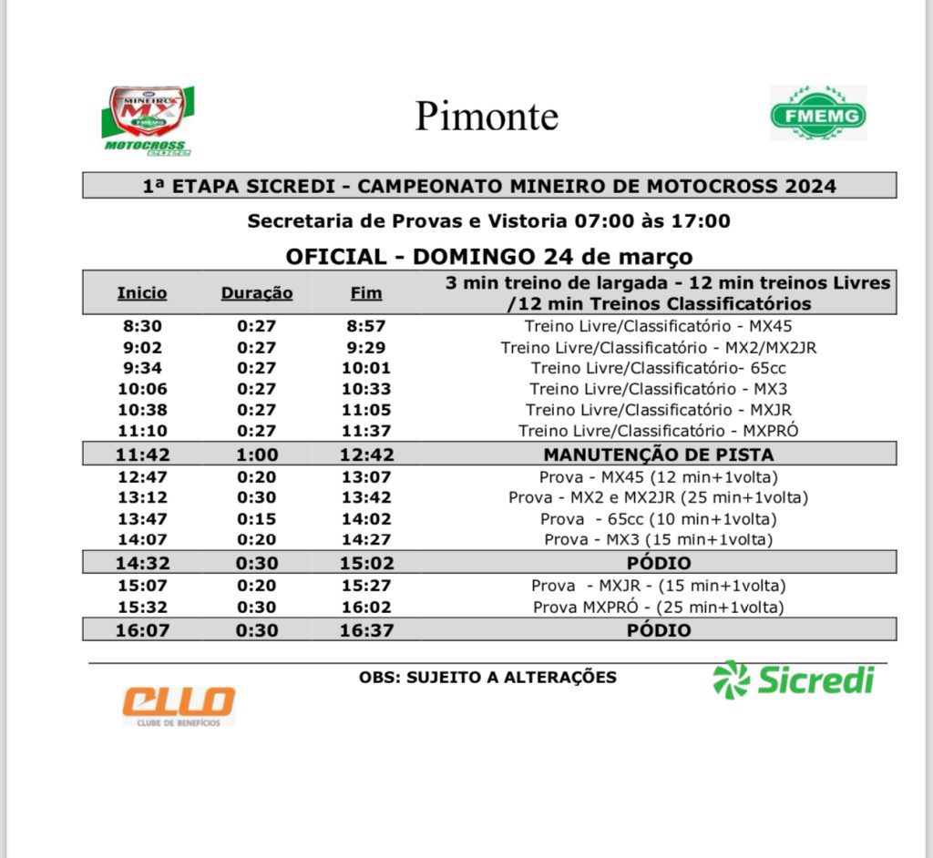 Informa&ccedil;&otilde;es da abertura do Mineiro de MX 2024 no Parque Hotel Pimonte dias 23 e 24/03