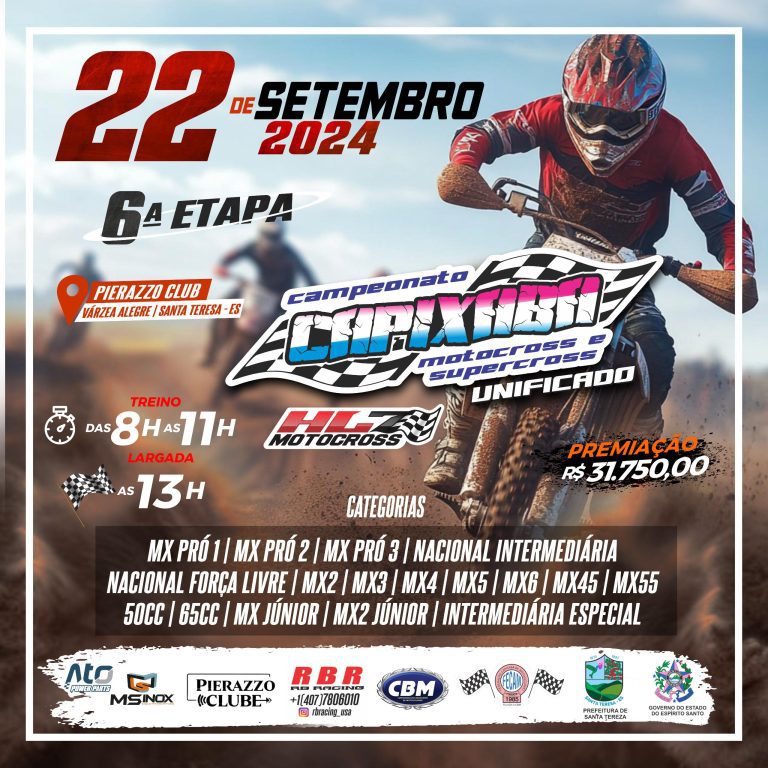 6ª etapa do Campeonato Capixaba de Motocross acontece nos dia 22 de setembro, em Várzea Alegre (Santa Tereza)/ES