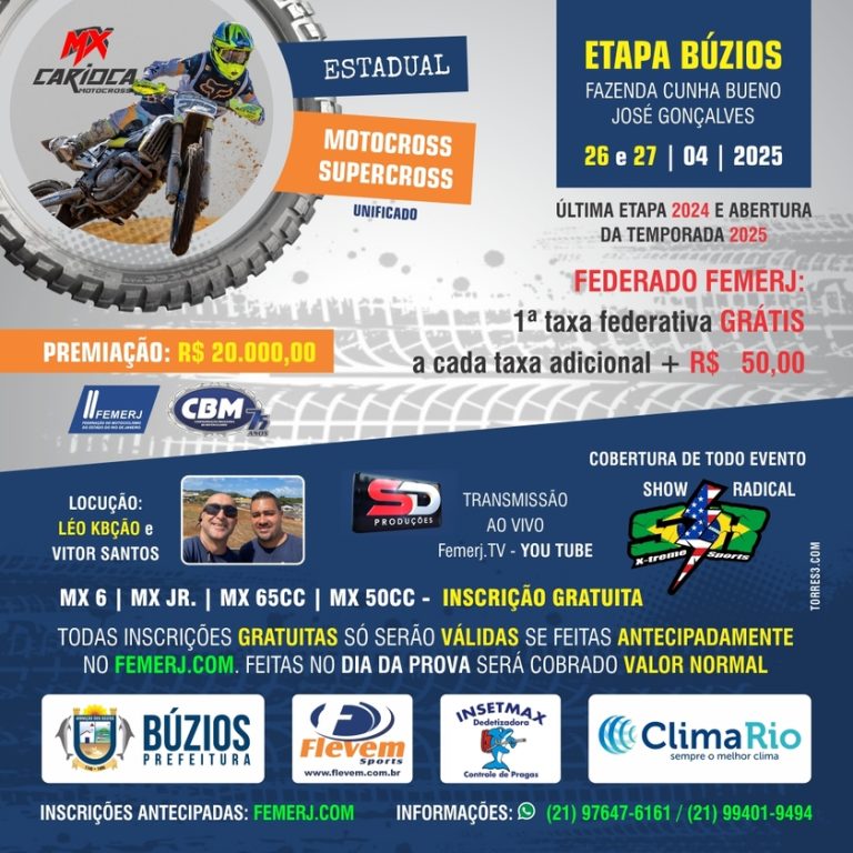 Abertura do Carioca de MX e SX Unificado 2025 acontece em Búzios/RJ, nos dias 26 e 27 de abril, com a cobertura Show Radical