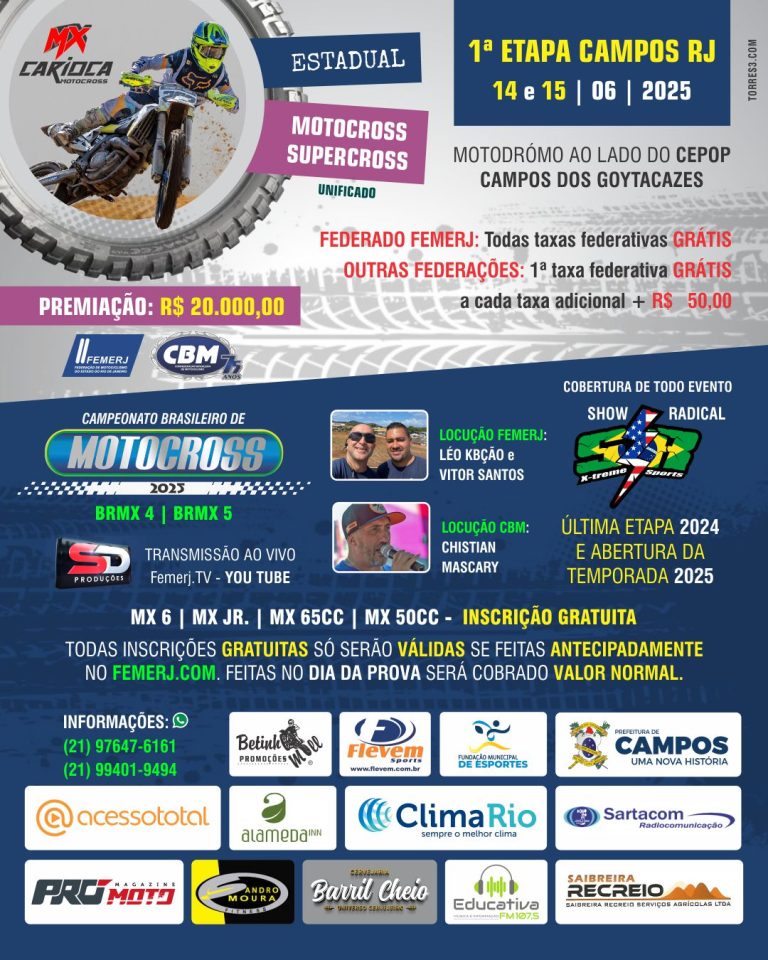 1ª etapa do Carioca de MX e SX Unificado 2025 acontece em Campos/RJ, nos dias 14 e 15 de junho, com a cobertura Show Radical