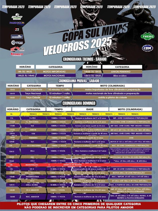 Inscri&ccedil;&otilde;es abertas para a 7&ordf; etapa da Copa Sul Minas de Velocross, nos dias 13 e 14 de setembro, em Carea&ccedil;u/MG