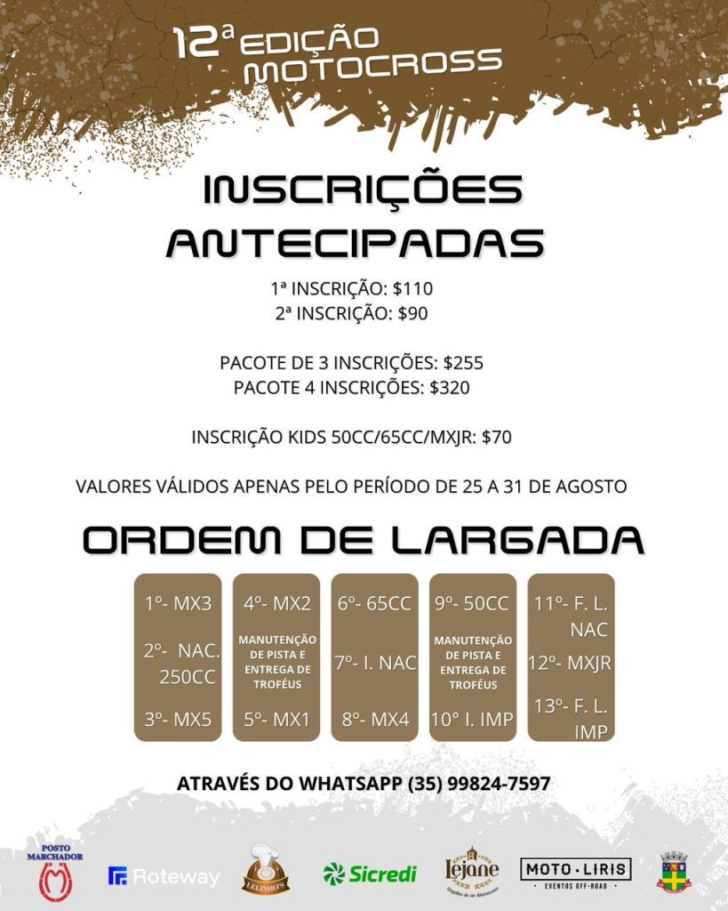 Inscri&ccedil;&otilde;es abertas para a 12&ordf; edi&ccedil;&atilde;o do Motocross de Cruz&iacute;lia/MG, garanta a sua vaga!
