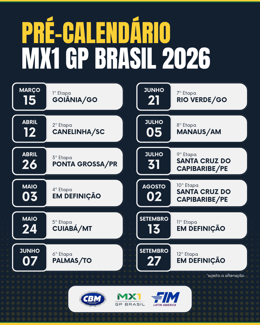 Campeonato Brasileiro de Motocross 2026 – MX1 GP Brasil divulga pr&eacute;-calend&aacute;rio