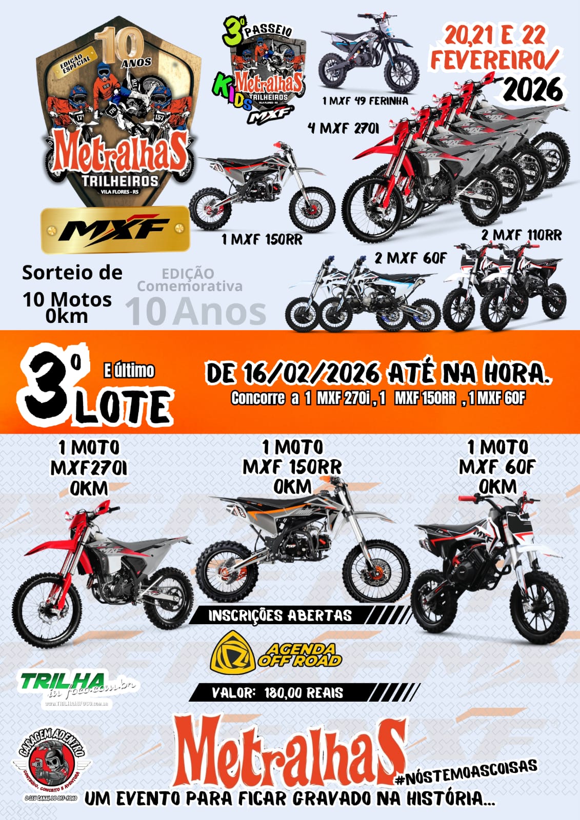 10&ordf; Trilha Metralhas e 3&ordm; Passeio Kids em Vila Flores/RS ter&aacute; sorteio de 10 motos 0km! Inscreva-se