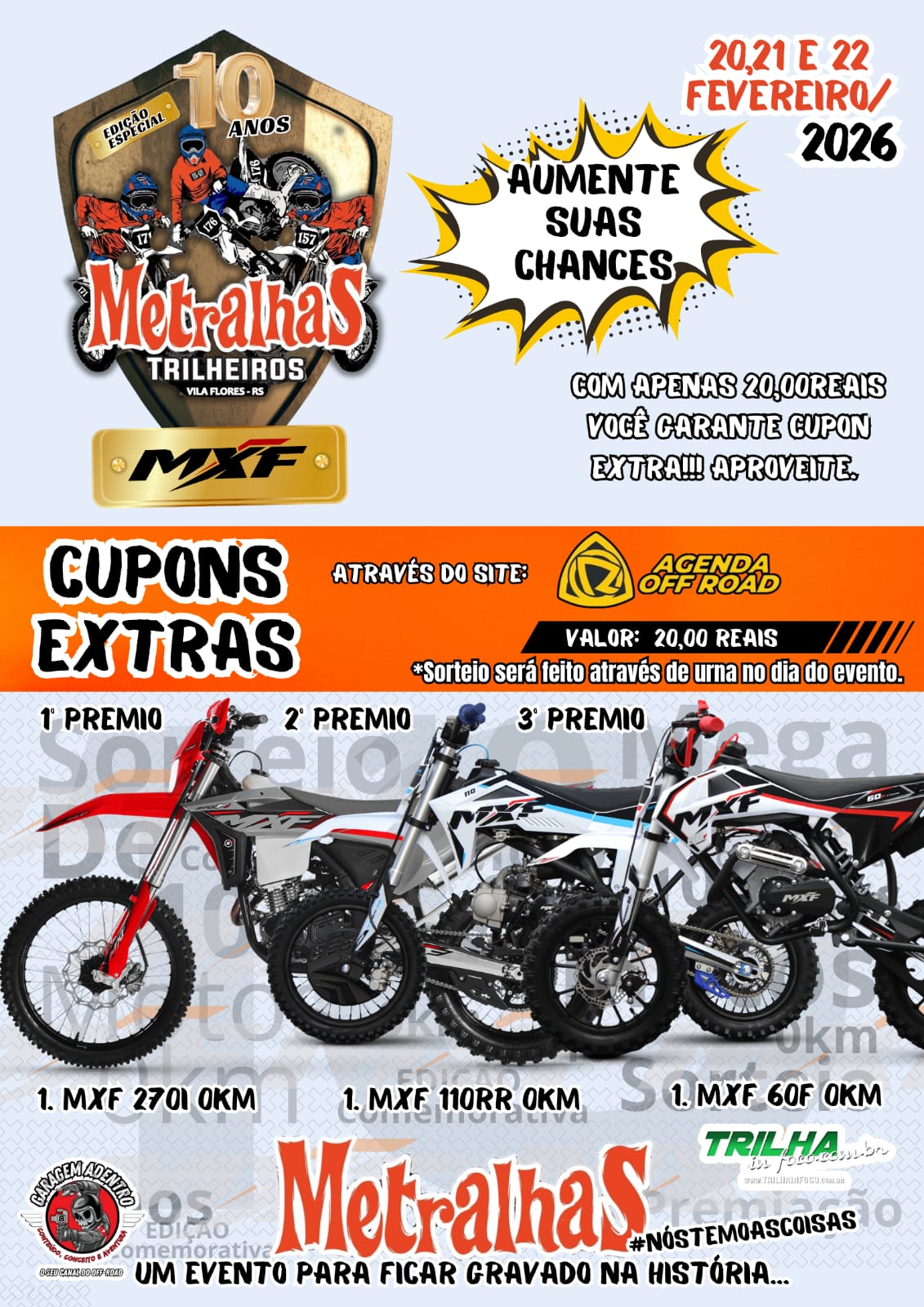 10&ordf; Trilha Metralhas e 3&ordm; Passeio Kids em Vila Flores/RS ter&aacute; sorteio de 10 motos 0km! Inscreva-se